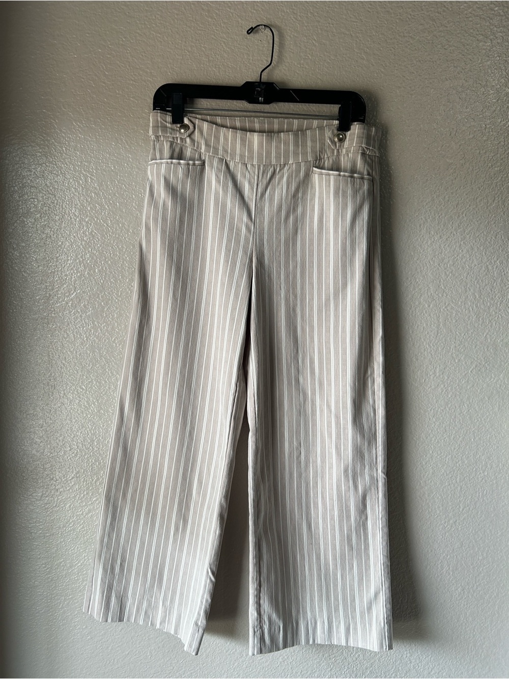 Chics Light Gray Pinstripe Dress Pants Sz 6 Office Chic Wide Leg Pockets TC0096